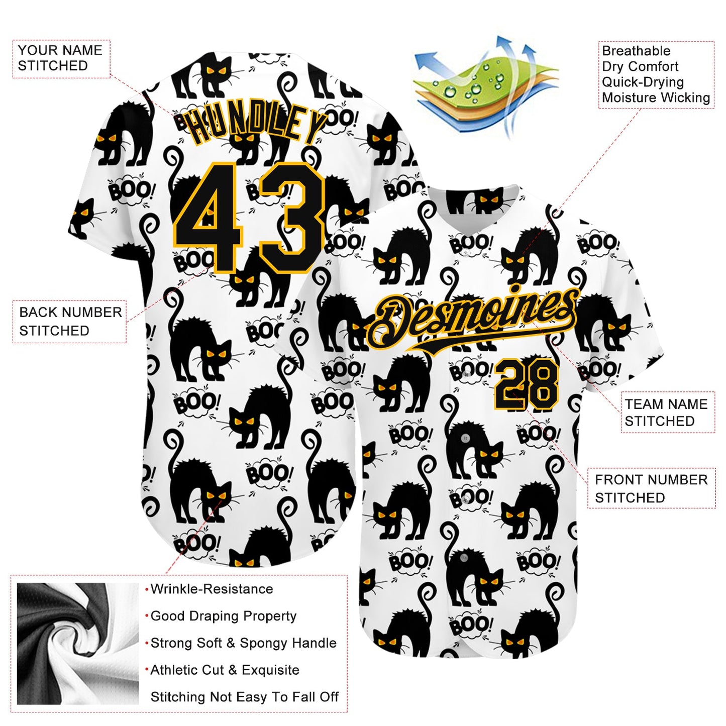 Custom White Black-Yellow 3D Pattern Design Cat Authentic Baseball Jersey - Sky-Custom
