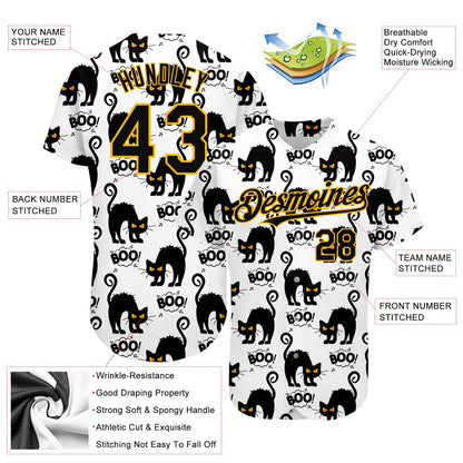 Custom White Black-Yellow 3D Pattern Design Cat Authentic Baseball Jersey - Sky-Custom