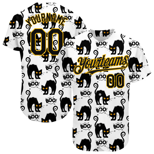 Custom White Black-Yellow 3D Pattern Design Cat Authentic Baseball Jersey - Sky-Custom