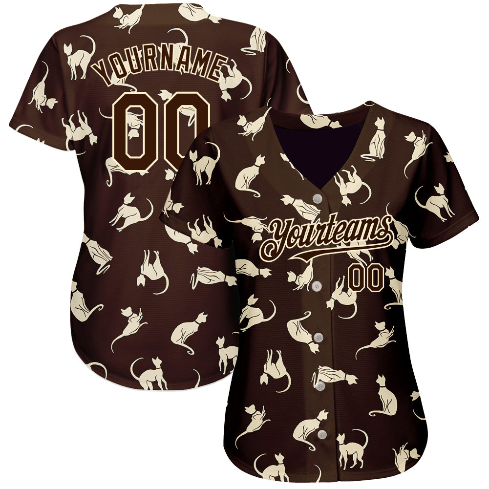 Custom Brown Cream 3D Pattern Design Cat Authentic Baseball Jersey - Sky-Custom