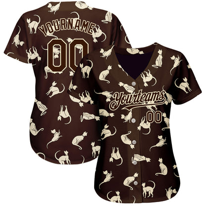 Custom Brown Cream 3D Pattern Design Cat Authentic Baseball Jersey - Sky-Custom