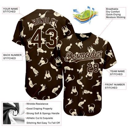 Custom Brown Cream 3D Pattern Design Cat Authentic Baseball Jersey - Sky-Custom