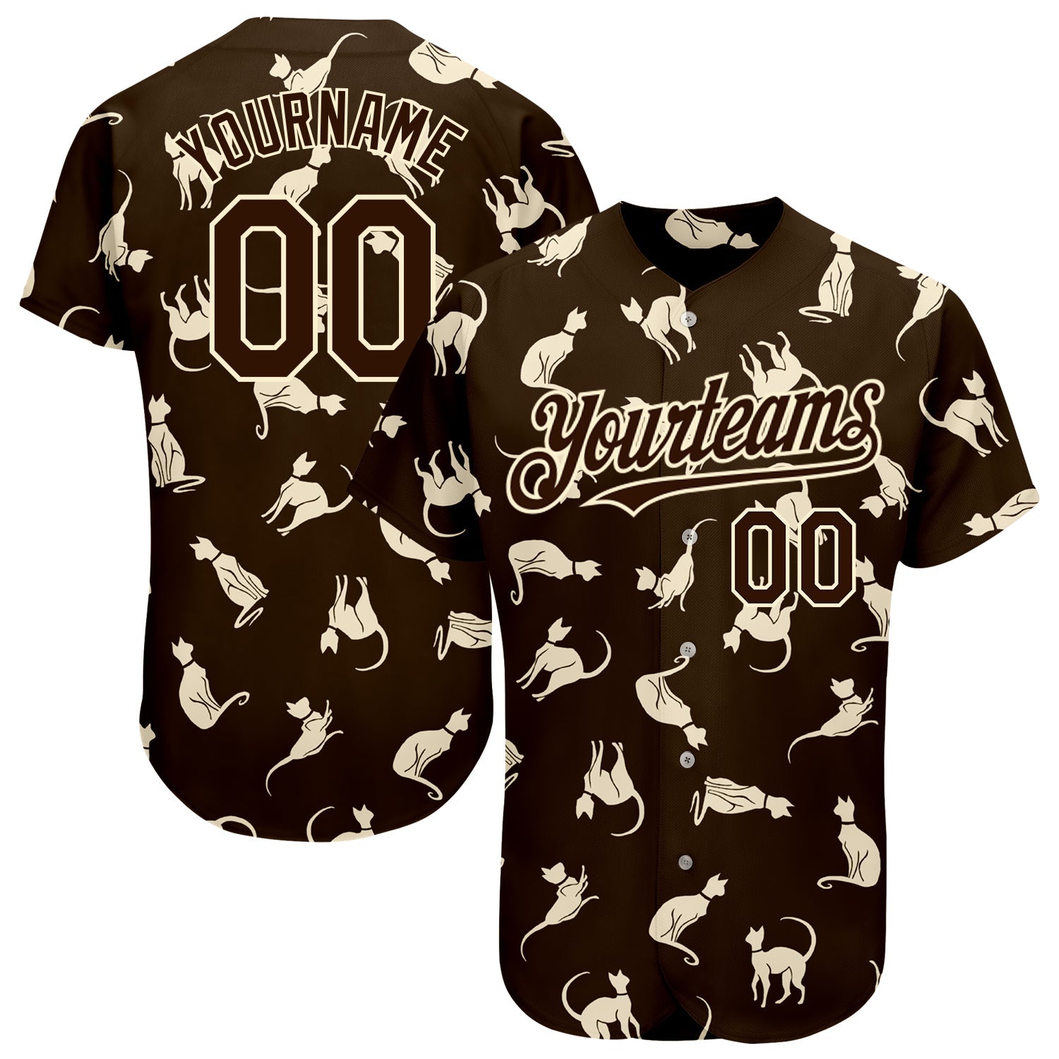 Custom Brown Cream 3D Pattern Design Cat Authentic Baseball Jersey - Sky-Custom