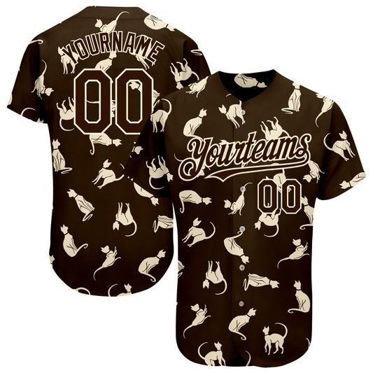 Custom Brown Cream 3D Pattern Design Cat Authentic Baseball Jersey - Sky-Custom