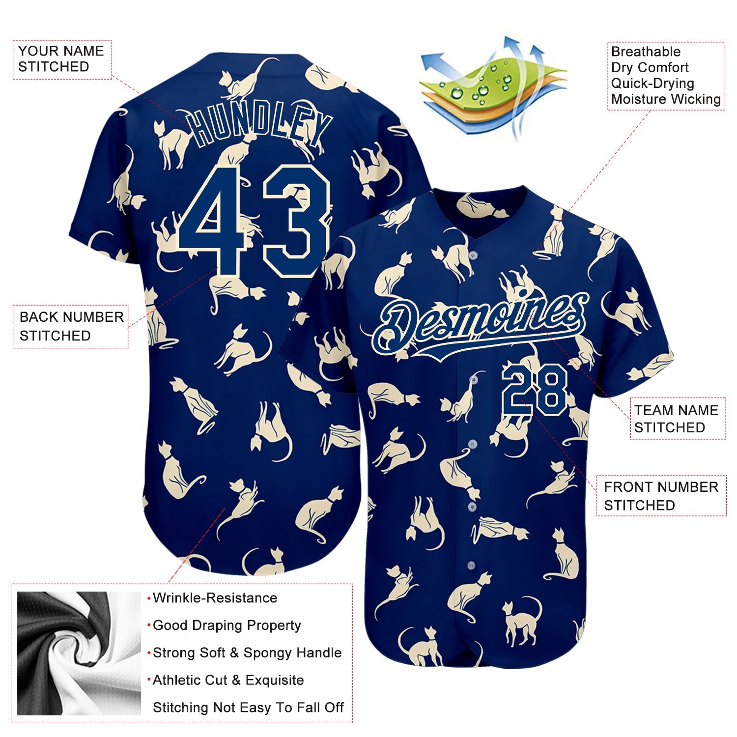 Custom US Navy Blue Cream 3D Pattern Design Cat Authentic Baseball Jersey - Sky-Custom
