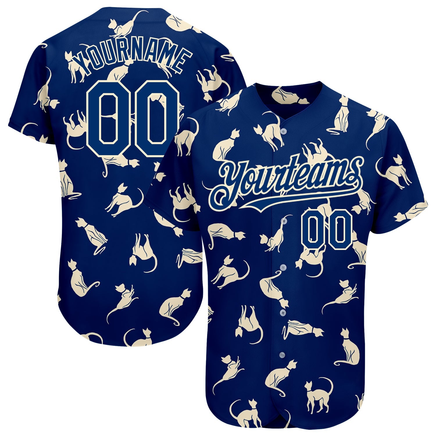 Custom US Navy Blue Cream 3D Pattern Design Cat Authentic Baseball Jersey - Sky-Custom