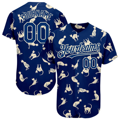 Custom US Navy Blue Cream 3D Pattern Design Cat Authentic Baseball Jersey - Sky-Custom