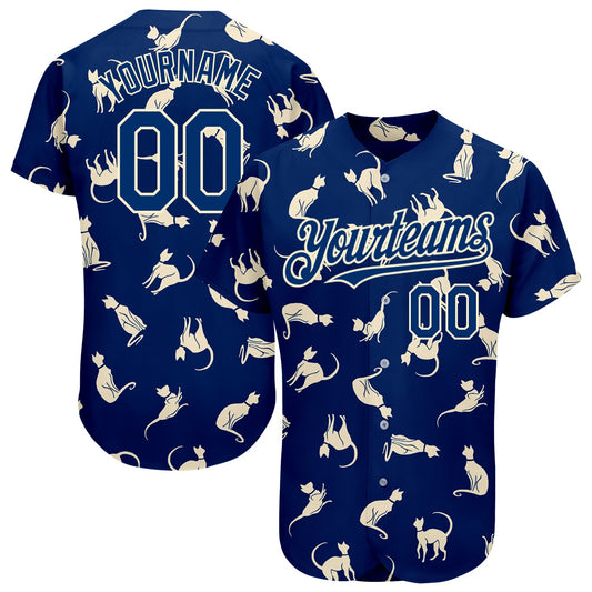 Custom US Navy Blue Cream 3D Pattern Design Cat Authentic Baseball Jersey - Sky-Custom