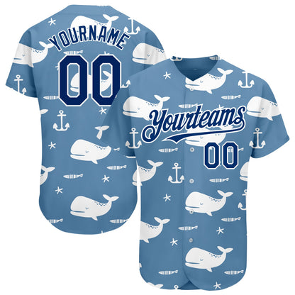 Custom Light Blue US Navy Blue-White 3D Pattern Design Whale Authentic Baseball Jersey - Sky-Custom