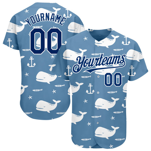 Custom Light Blue US Navy Blue-White 3D Pattern Design Whale Authentic Baseball Jersey - Sky-Custom