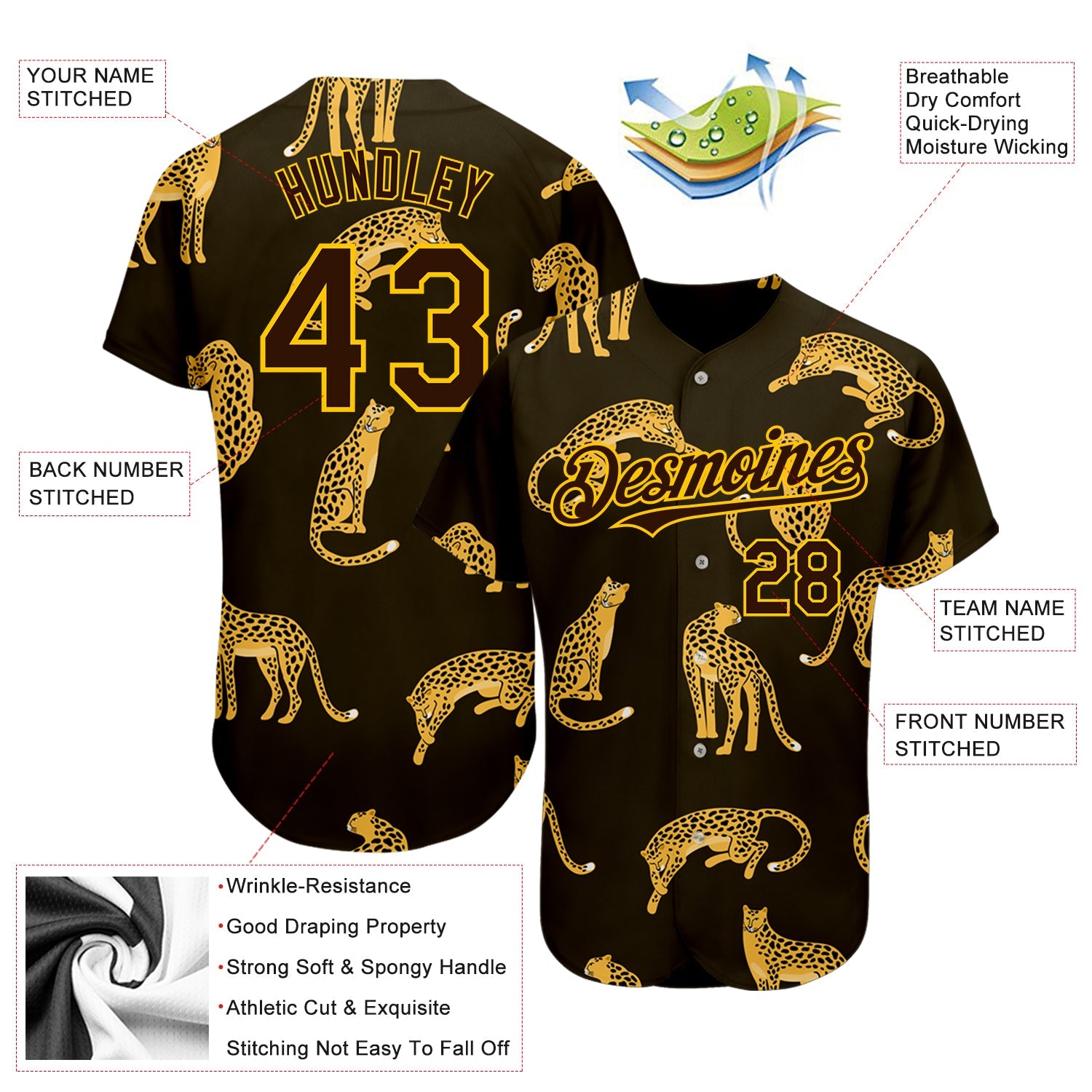 Custom Brown Yellow 3D Pattern Design Leopard Authentic Baseball Jersey - Sky-Custom
