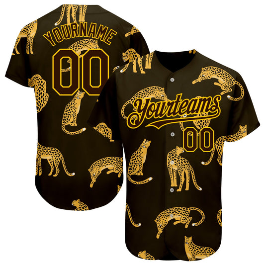Custom Brown Yellow 3D Pattern Design Leopard Authentic Baseball Jersey - Sky-Custom
