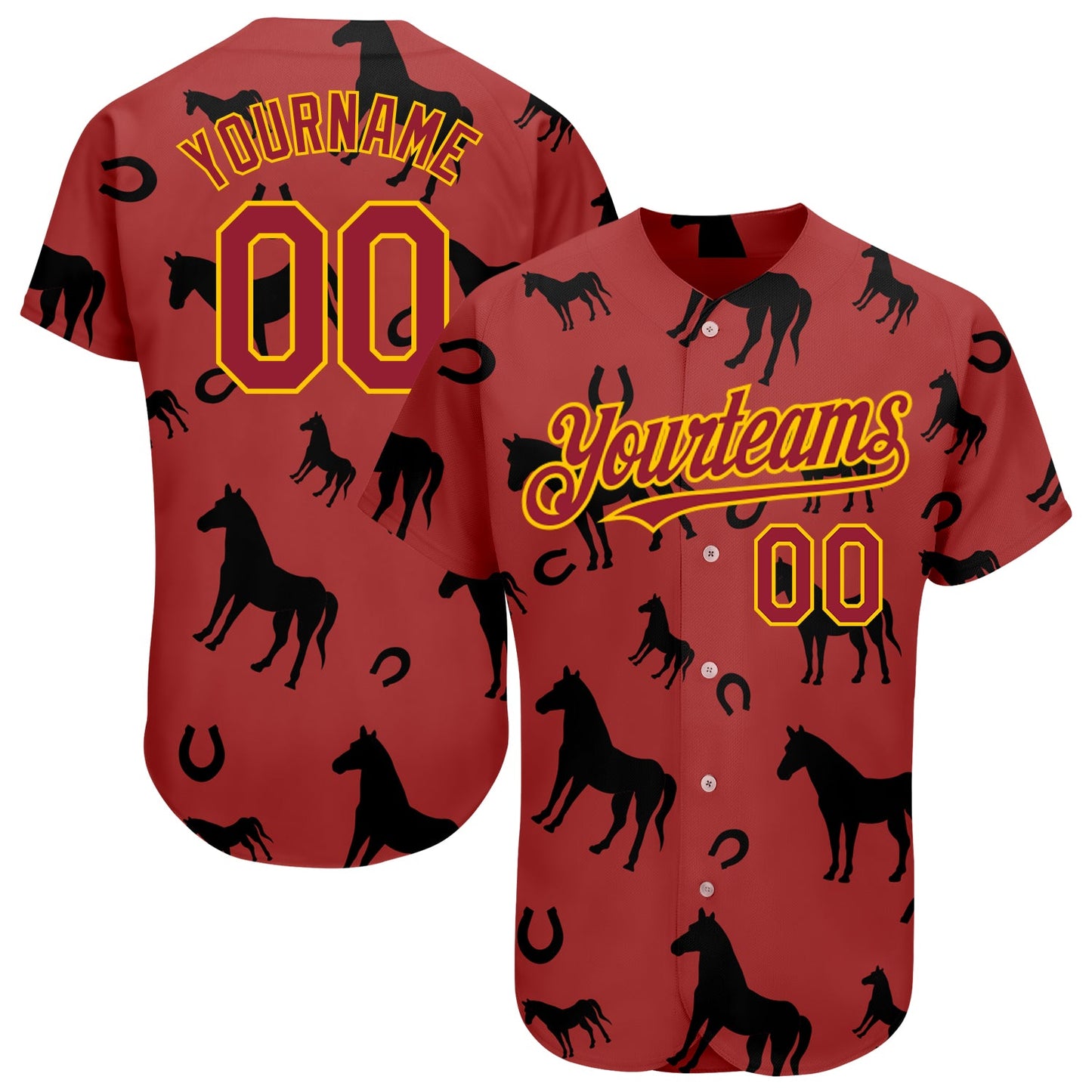 Custom Cardinal Yellow 3D Pattern Design Horse Authentic Baseball Jersey - Sky-Custom