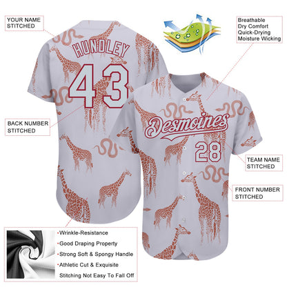 Custom Gray Silver-Cardinal 3D Pattern Design Giraffe And Snake Authentic Baseball Jersey - Sky-Custom