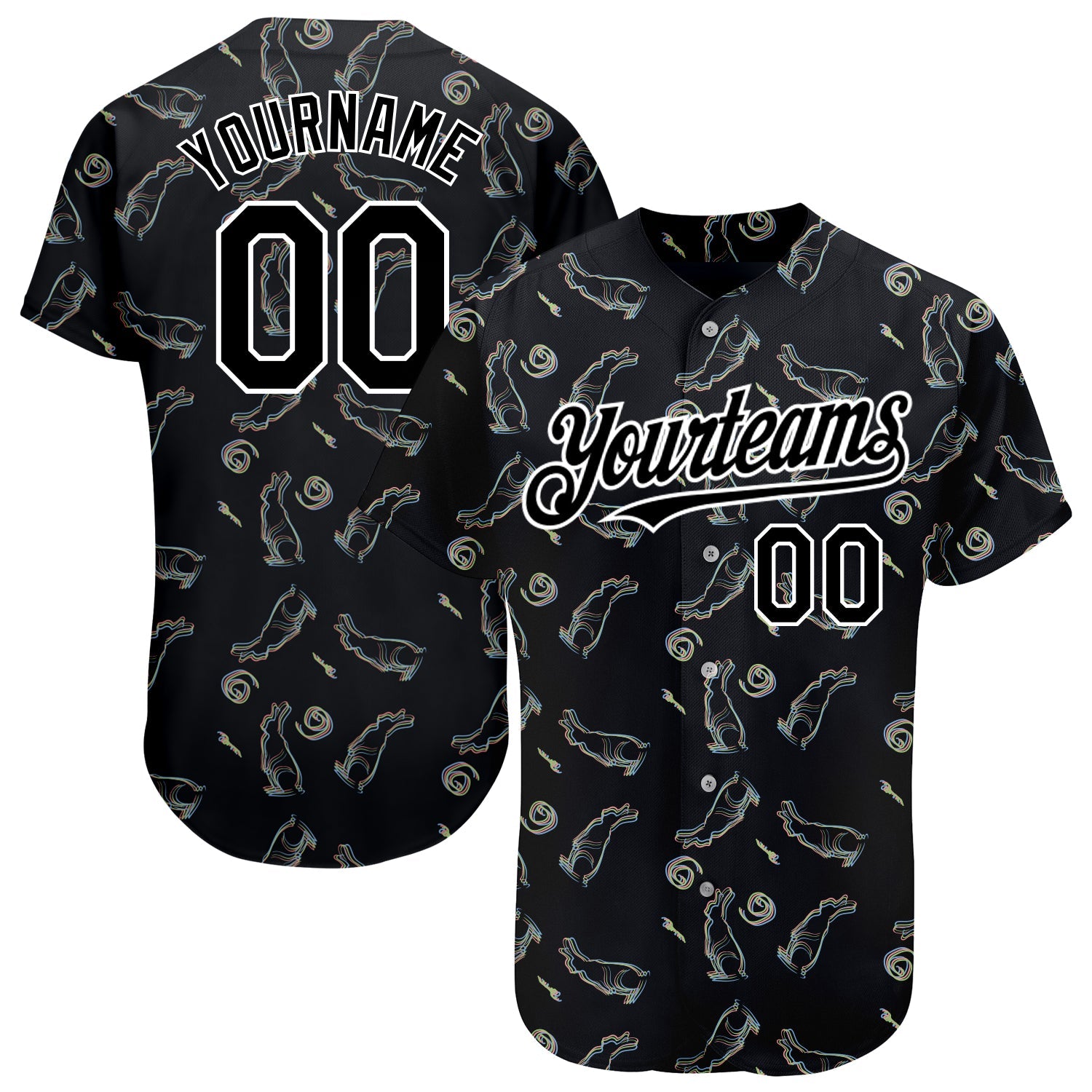 Custom Black White 3D Pattern Design Rabbit Authentic Baseball Jersey - Sky-Custom