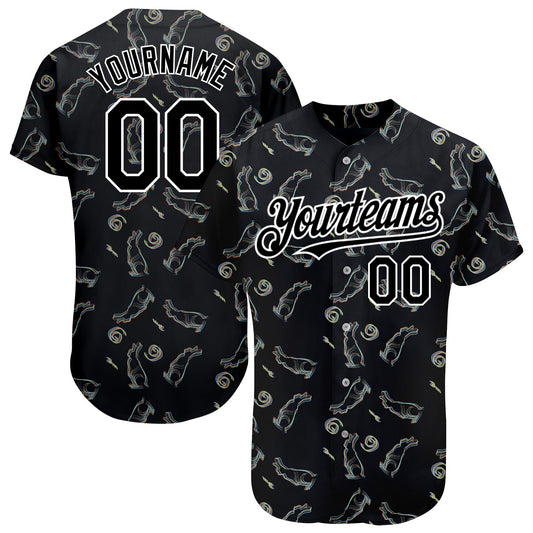 Custom Black White 3D Pattern Design Rabbit Authentic Baseball Jersey - Sky-Custom