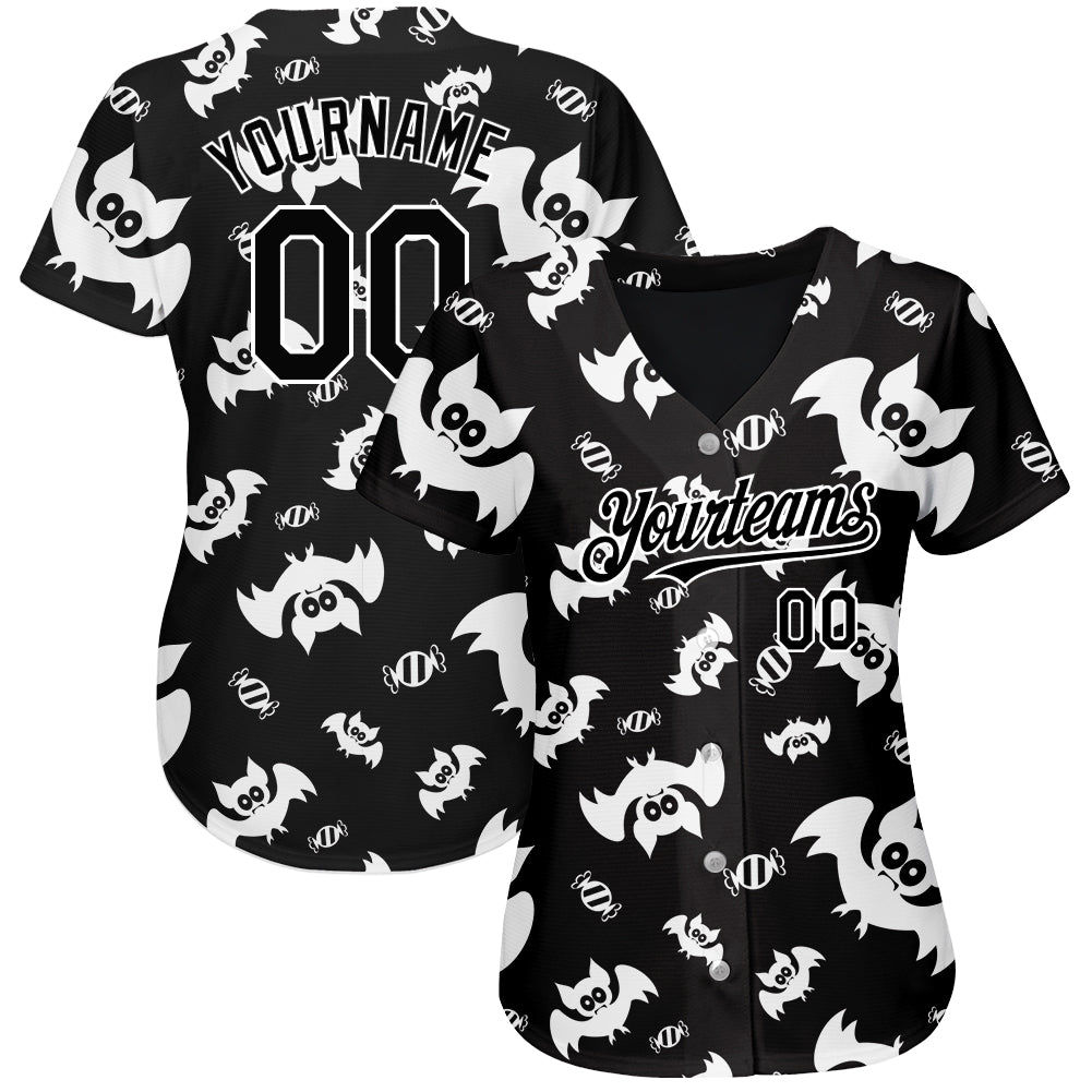 Custom Black White 3D Pattern Design Bat Authentic Baseball Jersey - Sky-Custom