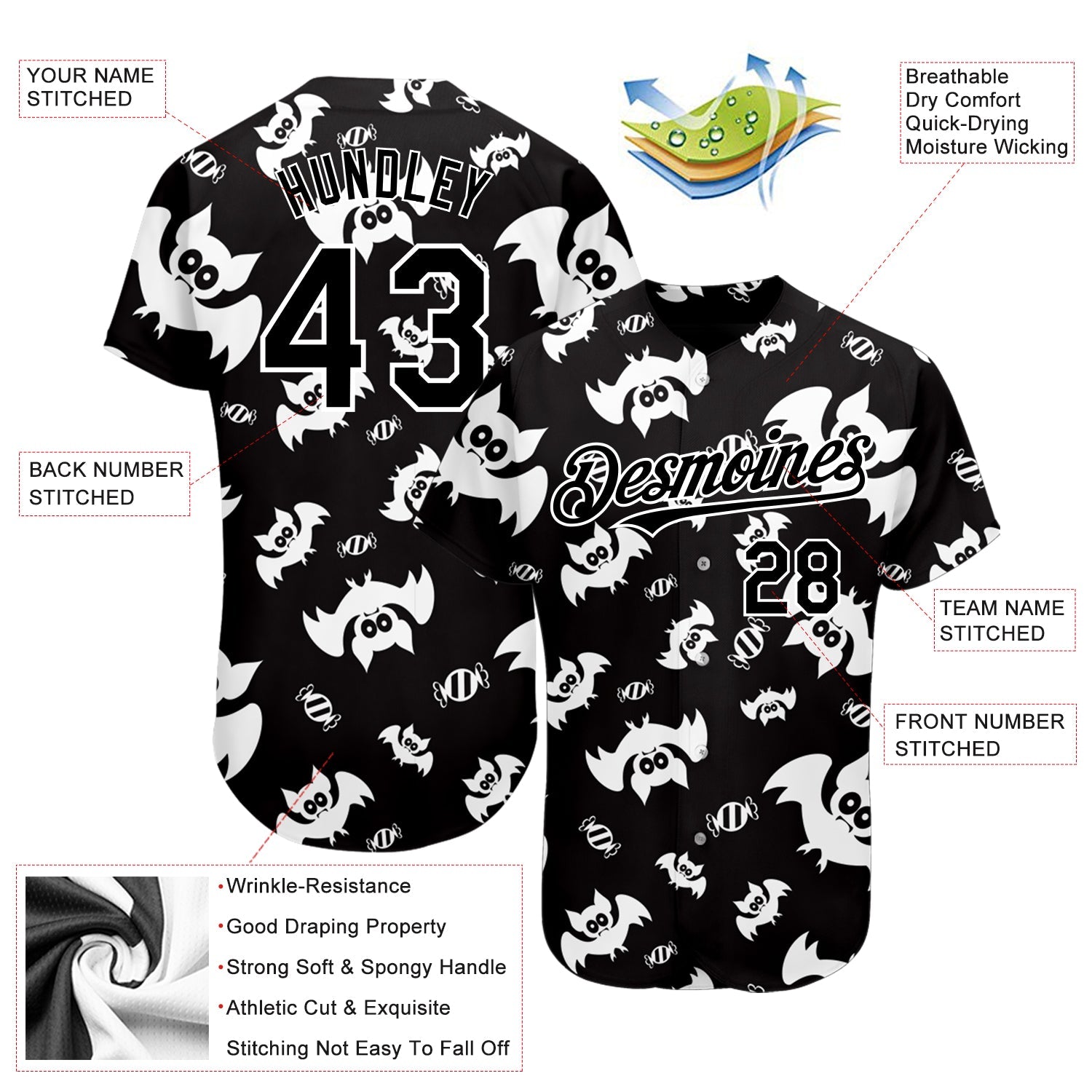 Custom Black White 3D Pattern Design Bat Authentic Baseball Jersey - Sky-Custom
