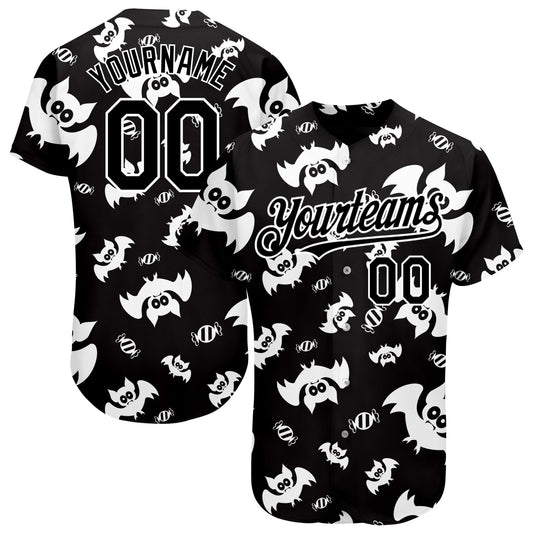 Custom Black White 3D Pattern Design Bat Authentic Baseball Jersey - Sky-Custom