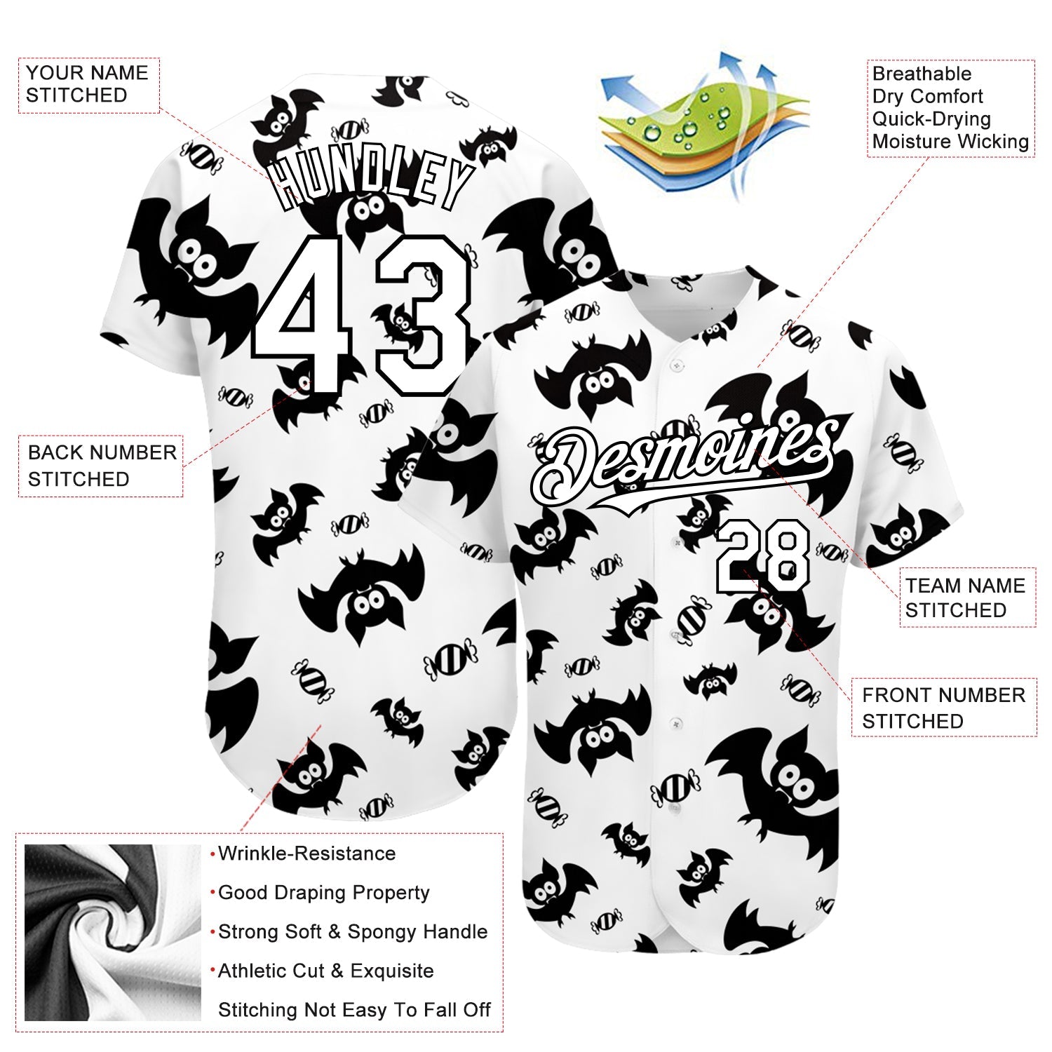 Custom White Black 3D Pattern Design Bat Authentic Baseball Jersey - Sky-Custom