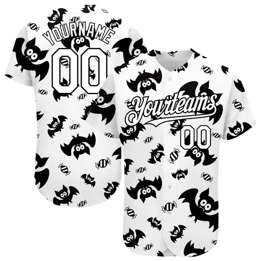 Custom White Black 3D Pattern Design Bat Authentic Baseball Jersey - Sky-Custom