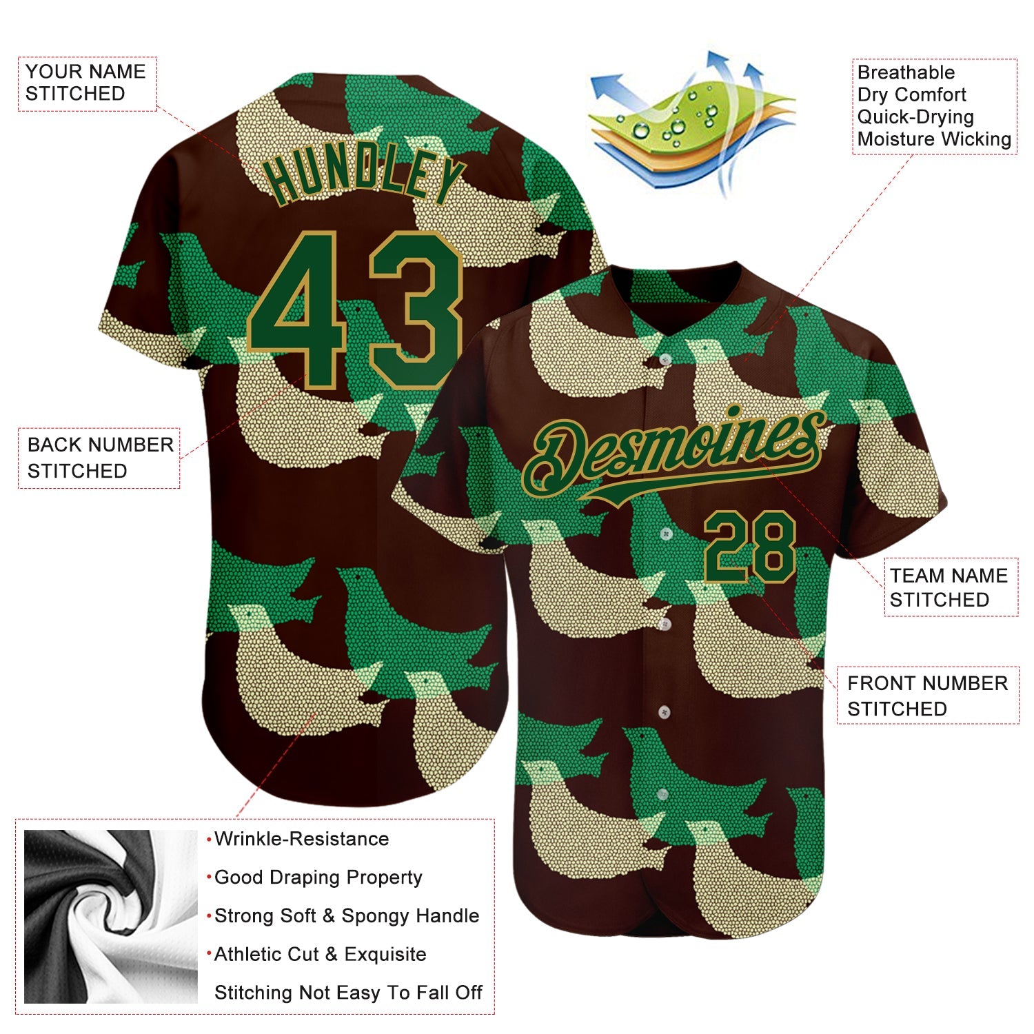 Custom Black Green-Old Gold 3D Pattern Design Bird Authentic Baseball Jersey - Sky-Custom