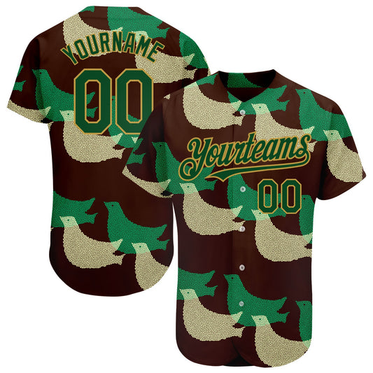 Custom Black Green-Old Gold 3D Pattern Design Bird Authentic Baseball Jersey - Sky-Custom