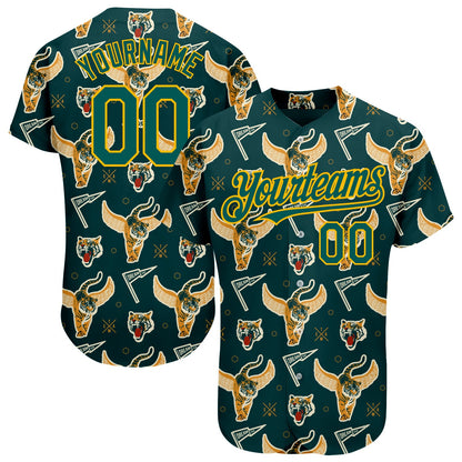 Custom Black Midnight Green-Gold 3D Pattern Design Tiger Authentic Baseball Jersey - Sky-Custom