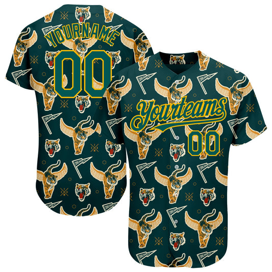 Custom Black Midnight Green-Gold 3D Pattern Design Tiger Authentic Baseball Jersey - Sky-Custom