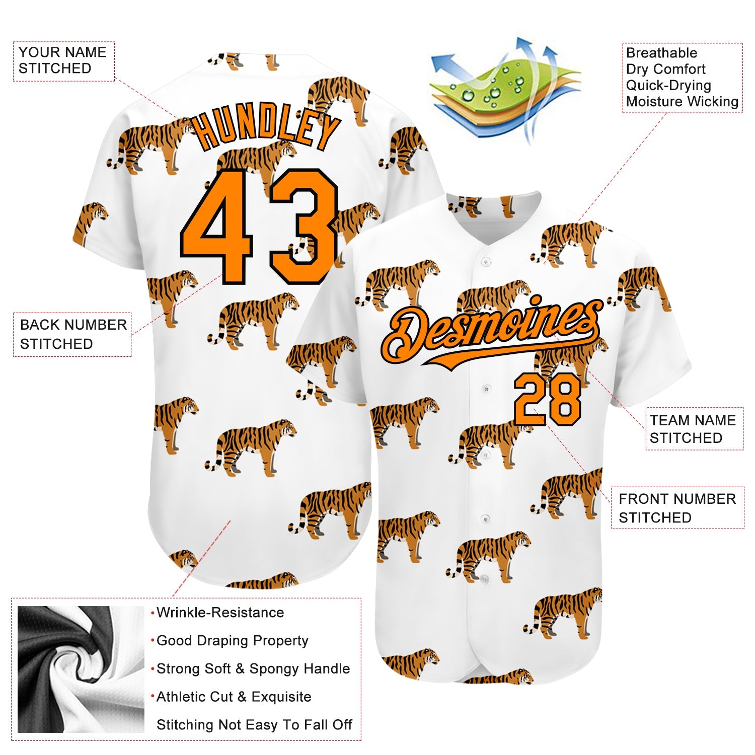 Custom White Bay Orange-Black 3D Pattern Design Tiger Authentic Baseball Jersey - Sky-Custom