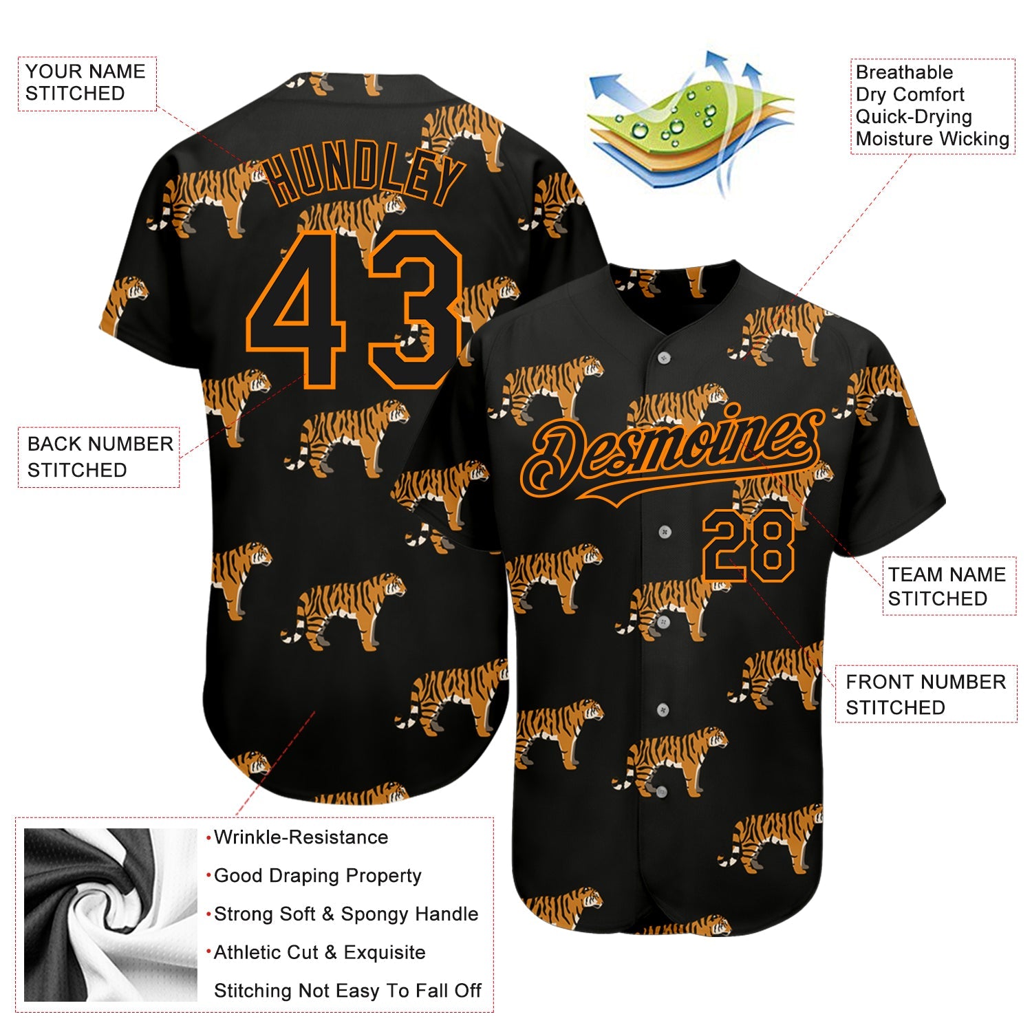 Custom Black Bay Orange 3D Pattern Design Tiger Authentic Baseball Jersey - Sky-Custom