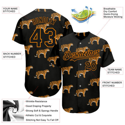 Custom Black Bay Orange 3D Pattern Design Tiger Authentic Baseball Jersey - Sky-Custom
