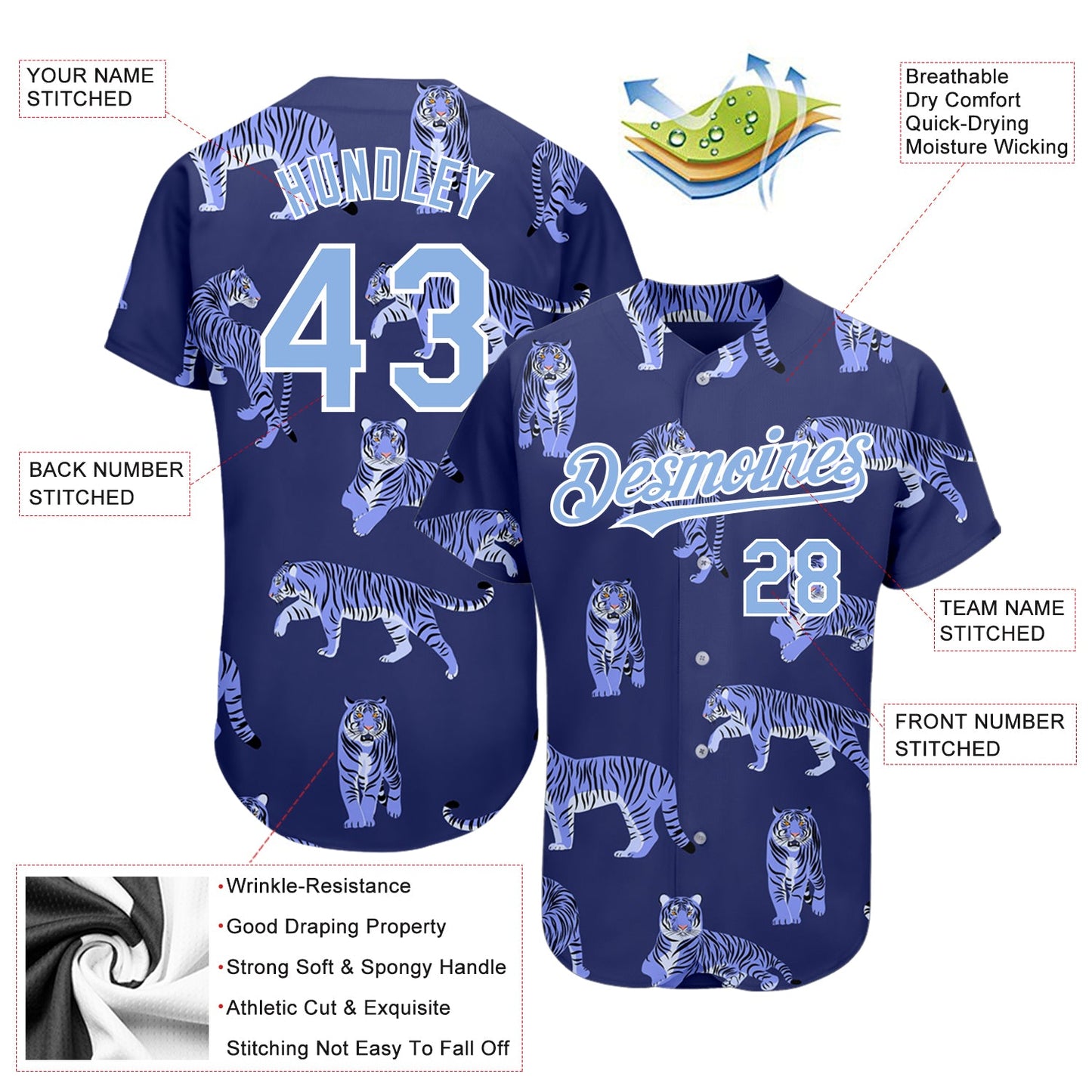 Custom Purple Light Blue-White 3D Pattern Design Tiger Authentic Baseball Jersey - Sky-Custom