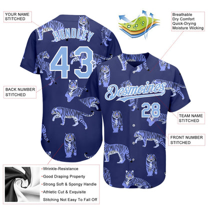 Custom Purple Light Blue-White 3D Pattern Design Tiger Authentic Baseball Jersey - Sky-Custom