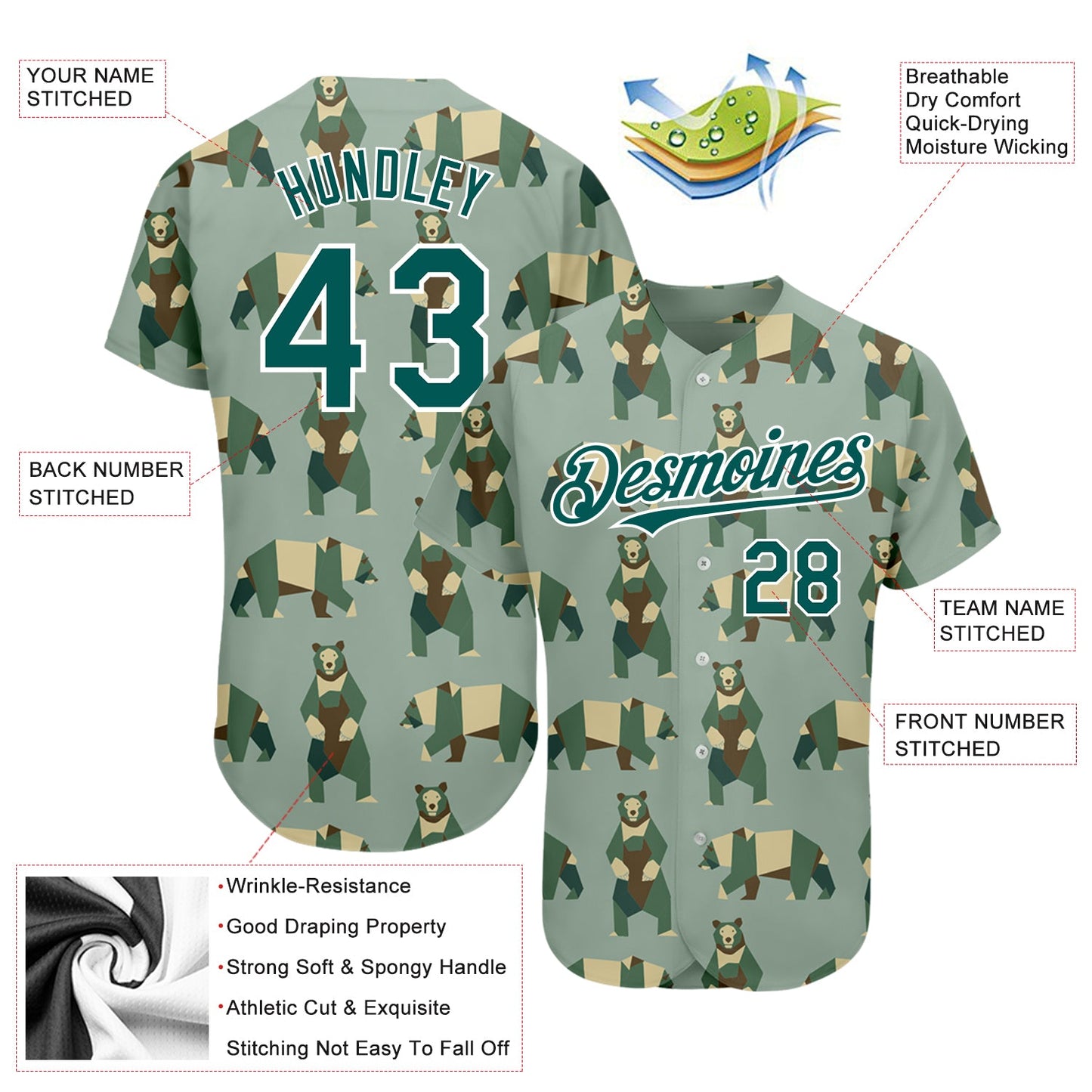 Custom Green Grass Green-White 3D Pattern Design Bear Authentic Baseball Jersey - Sky-Custom