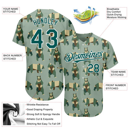 Custom Green Grass Green-White 3D Pattern Design Bear Authentic Baseball Jersey - Sky-Custom