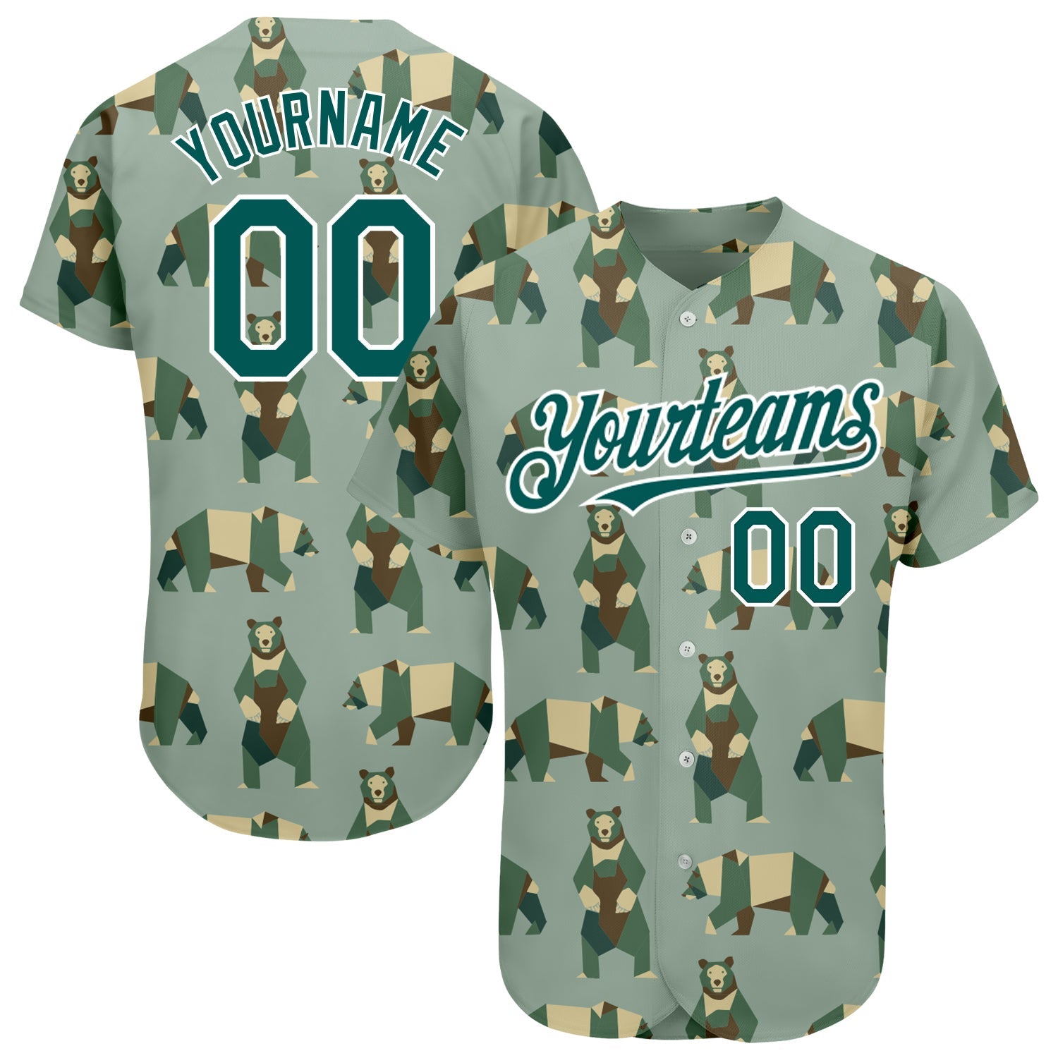 Custom Green Grass Green-White 3D Pattern Design Bear Authentic Baseball Jersey - Sky-Custom