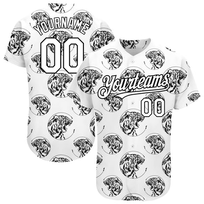 Custom White Black 3D Pattern Design Tiger Authentic Baseball Jersey - Sky-Custom