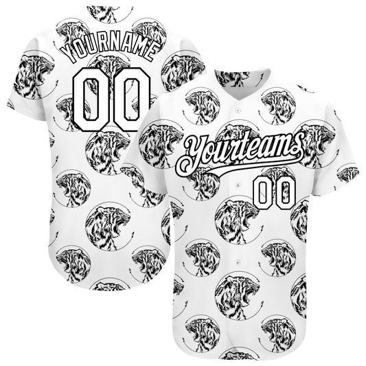 Custom White Black 3D Pattern Design Tiger Authentic Baseball Jersey - Sky-Custom