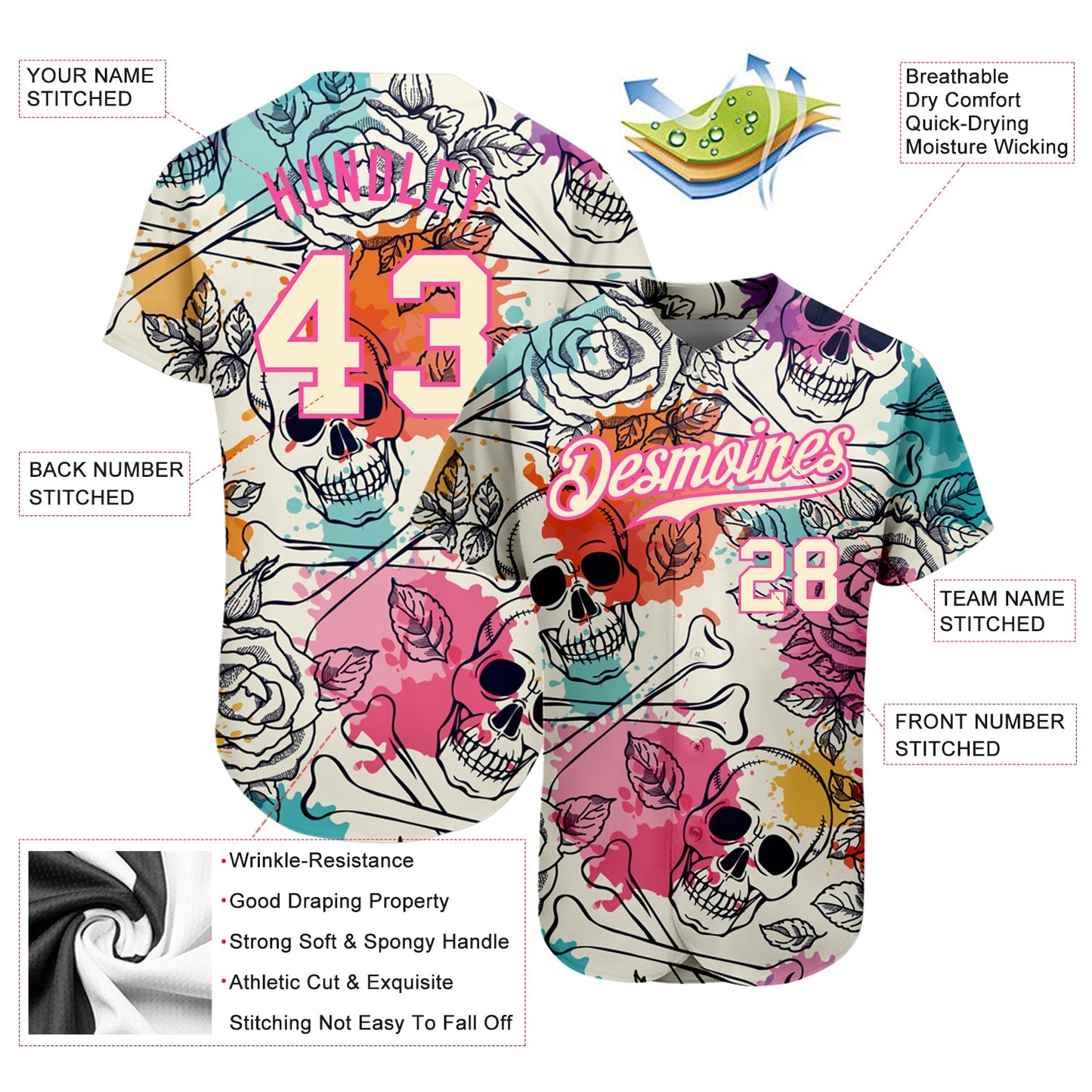 Custom Cream Pink-Black 3D Flower And Skull Fashion Authentic Baseball Jersey - Sky-Custom