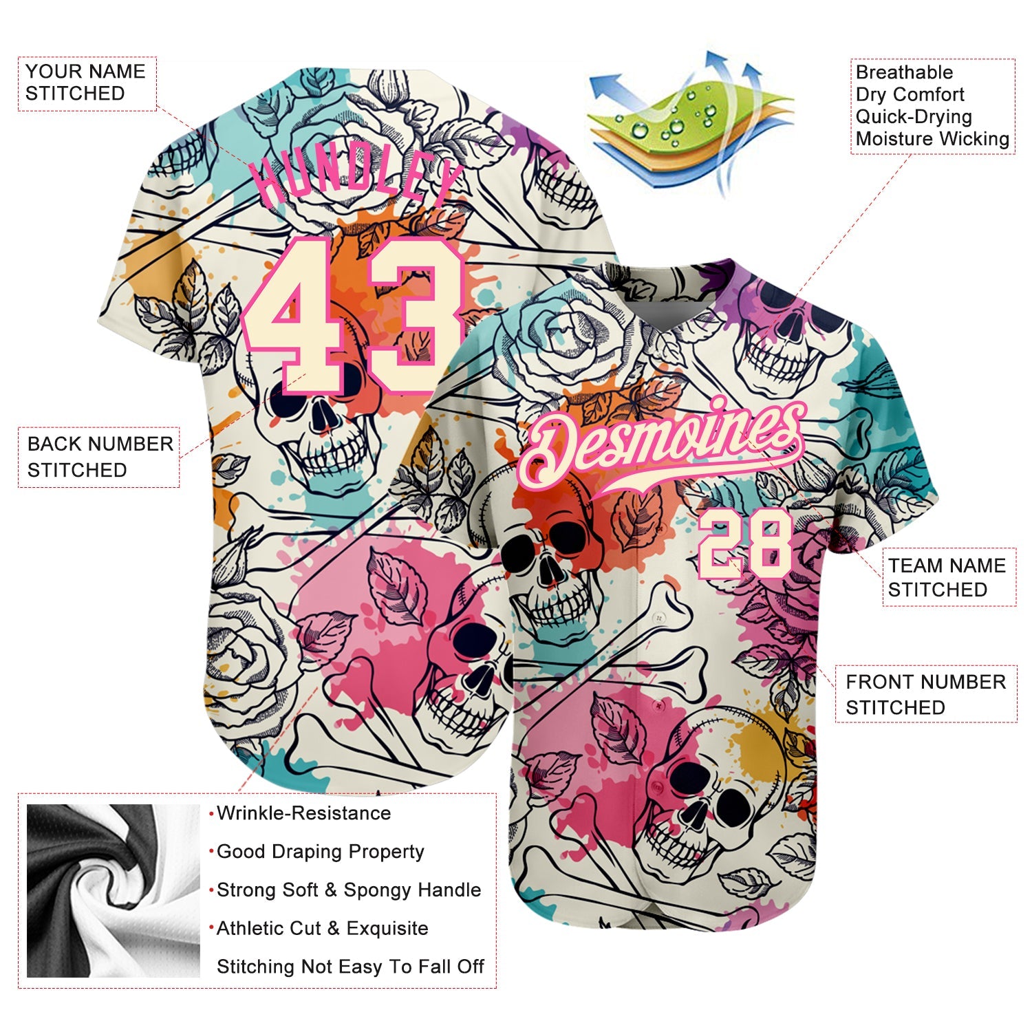 Custom Cream Pink-Black 3D Flower And Skull Fashion Authentic Baseball Jersey - Sky-Custom