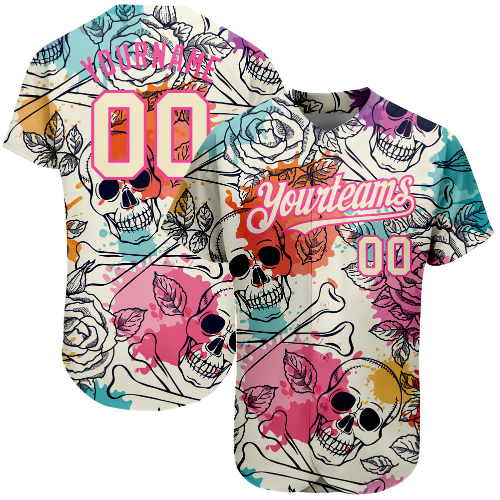 Custom Cream Pink-Black 3D Flower And Skull Fashion Authentic Baseball Jersey - Sky-Custom