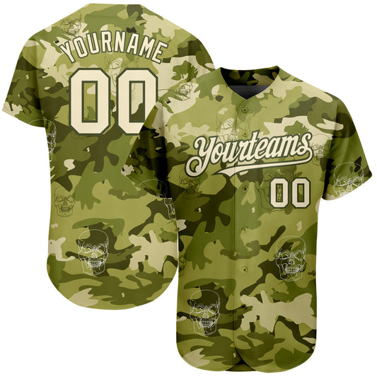 Custom Camo Cream-Olive 3D Skull Fashion Authentic Baseball Jersey - Sky-Custom