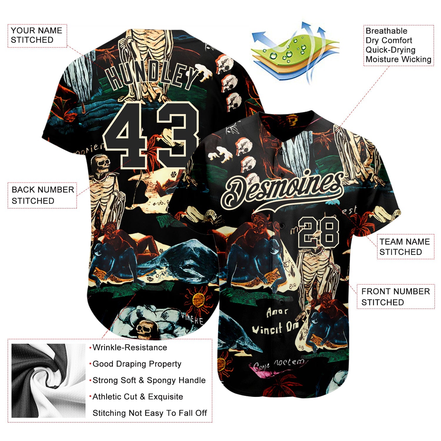Custom Black Cream 3D Tropical Plant And Skull Fashion Authentic Baseball Jersey - Sky-Custom