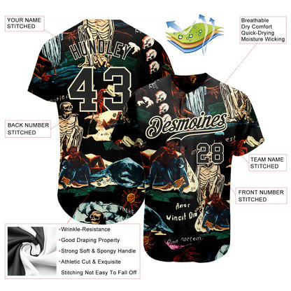 Custom Black Cream 3D Tropical Plant And Skull Fashion Authentic Baseball Jersey - Sky-Custom