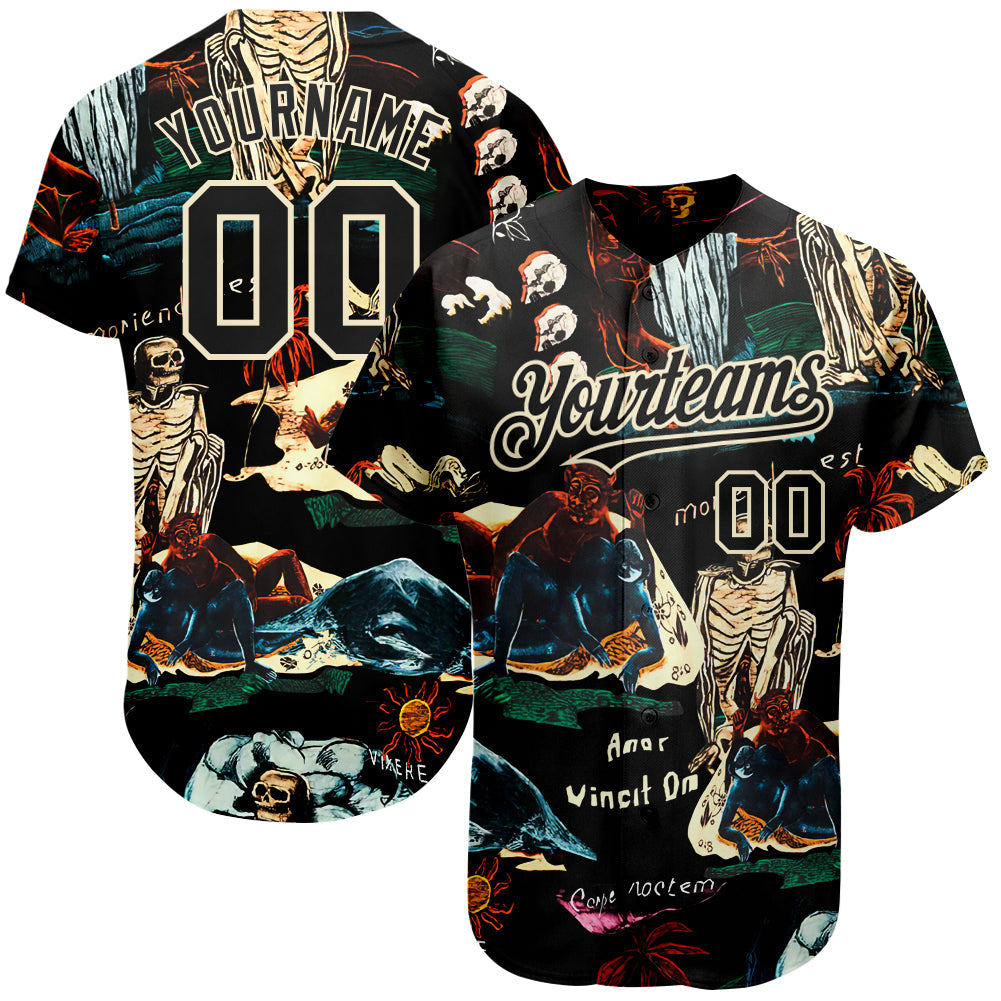 Custom Black Cream 3D Tropical Plant And Skull Fashion Authentic Baseball Jersey - Sky-Custom