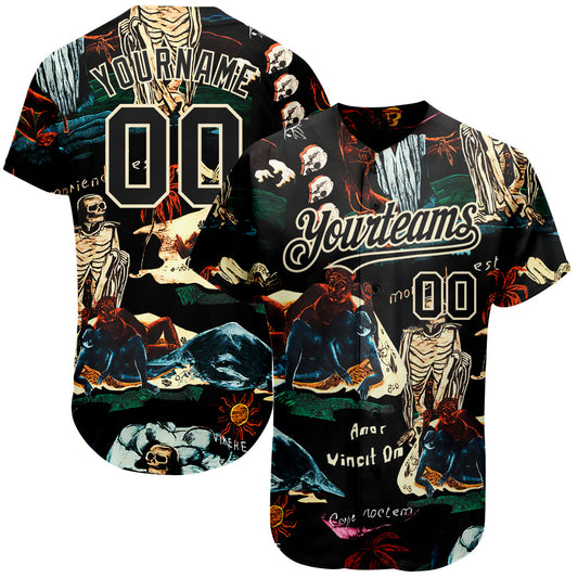 Custom Black Cream 3D Tropical Plant And Skull Fashion Authentic Baseball Jersey - Sky-Custom
