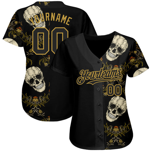 Custom Black Old Gold 3D Plant And Skull Fashion Authentic Baseball Jersey - Sky-Custom