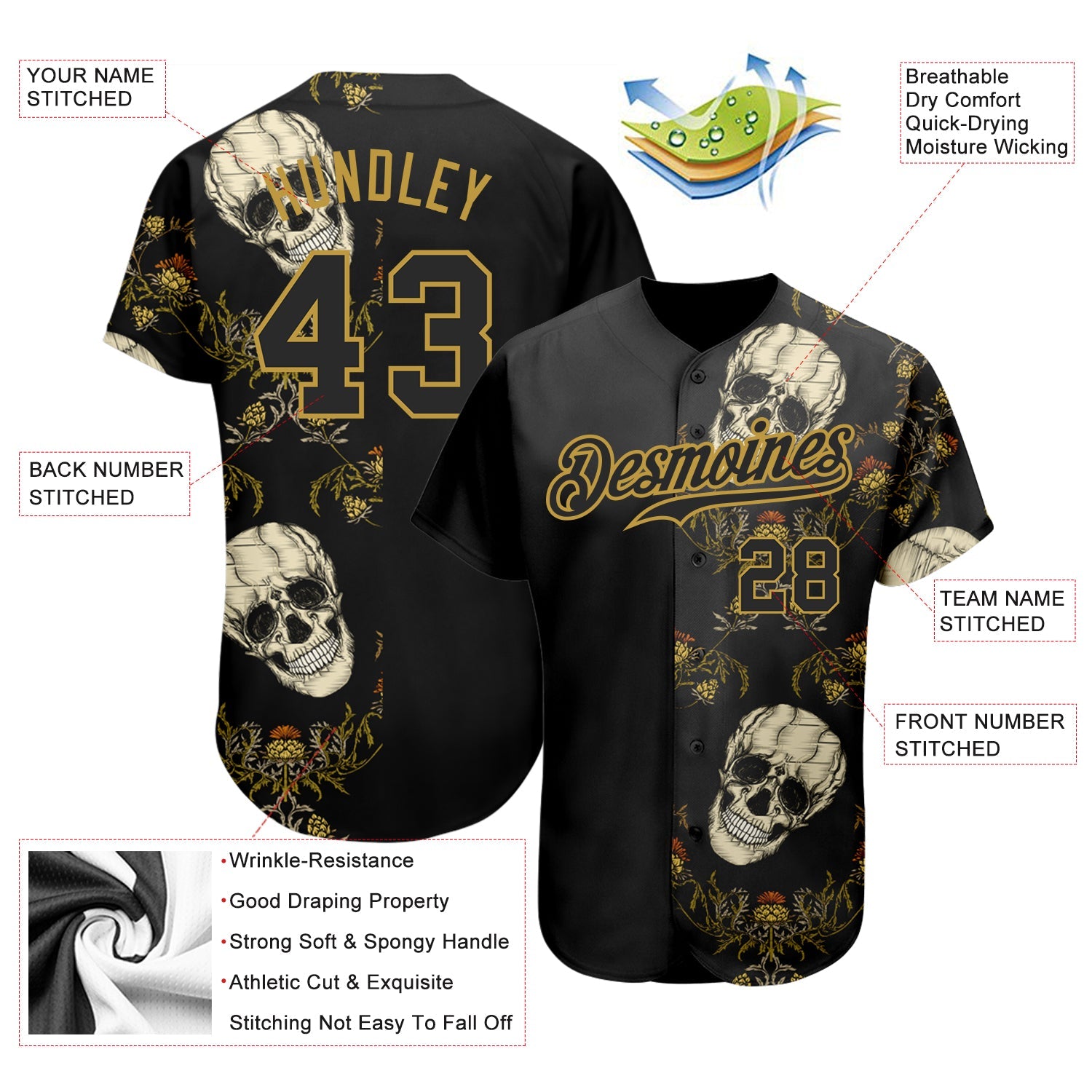 Custom Black Old Gold 3D Plant And Skull Fashion Authentic Baseball Jersey - Sky-Custom