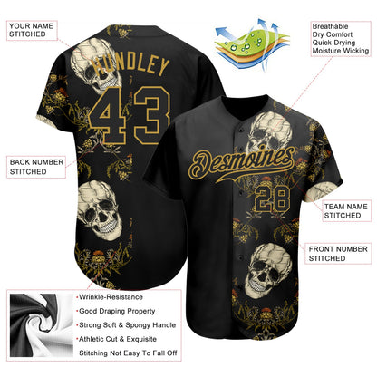 Custom Black Old Gold 3D Plant And Skull Fashion Authentic Baseball Jersey - Sky-Custom